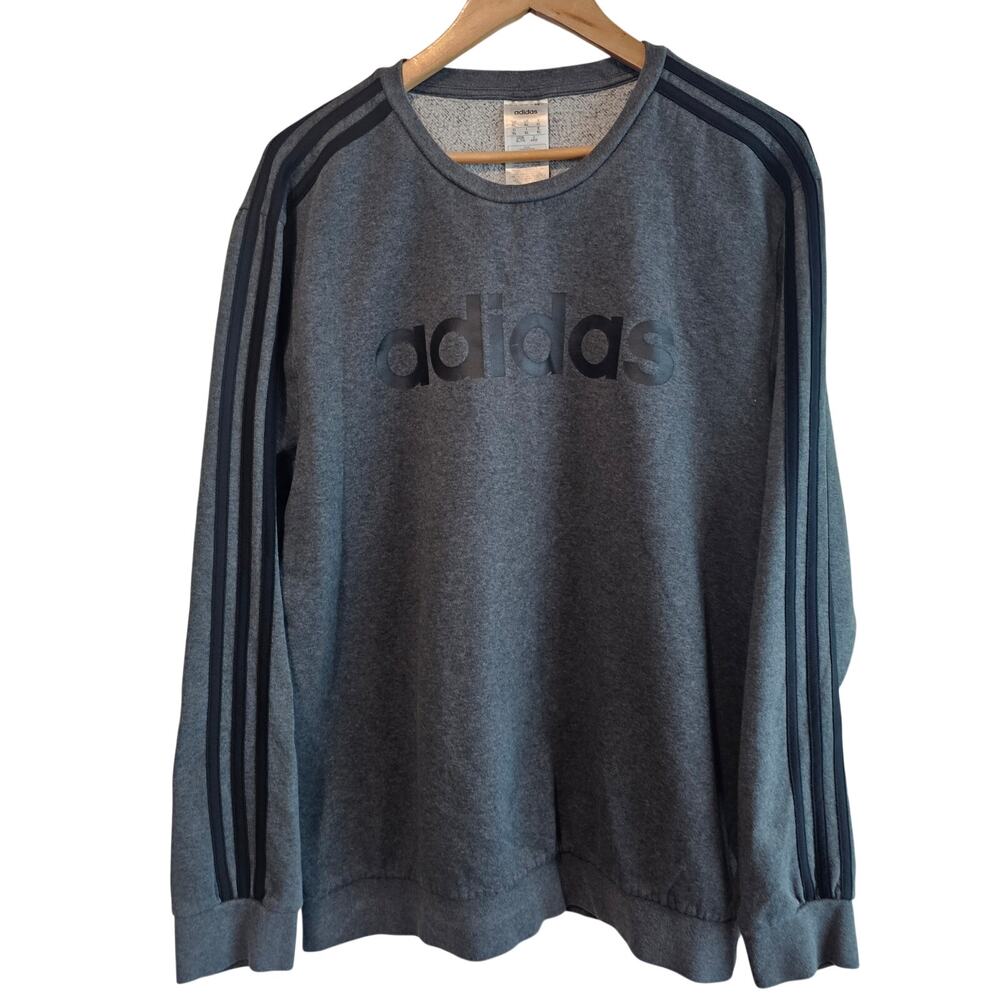 Adidas Fleece Logo Sweatshirt Mens XL Gray Striped Athleisure Gym Streetwear